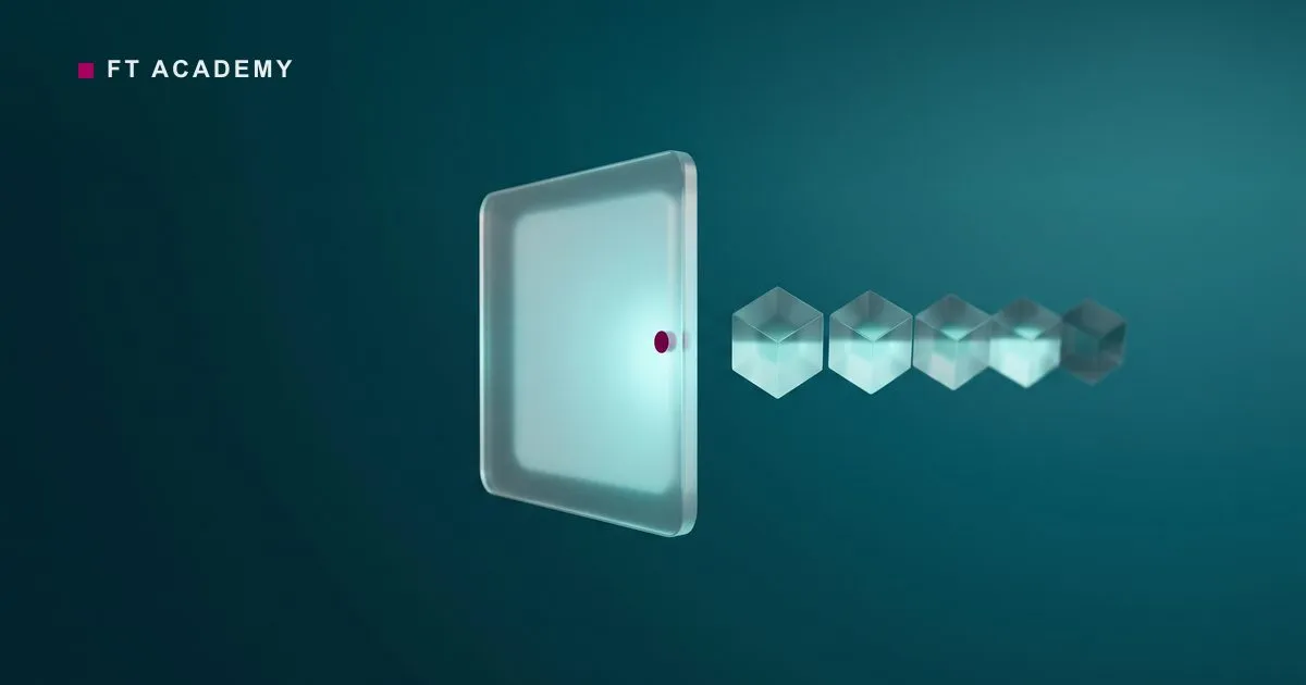 A frosted glass panel with a small magenta dot beside a row of glass cubes that fade from lit to dim, on a petrol-to-teal background.