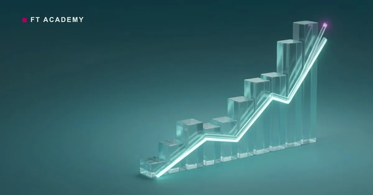 Abstract glass bar-and-line chart forms rising along an upward trajectory.