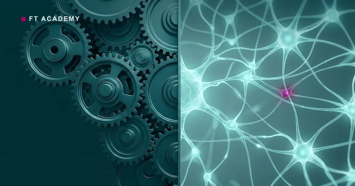 A split scene: precise mechanical gears on one side, a glowing adaptive neural lattice on the other.