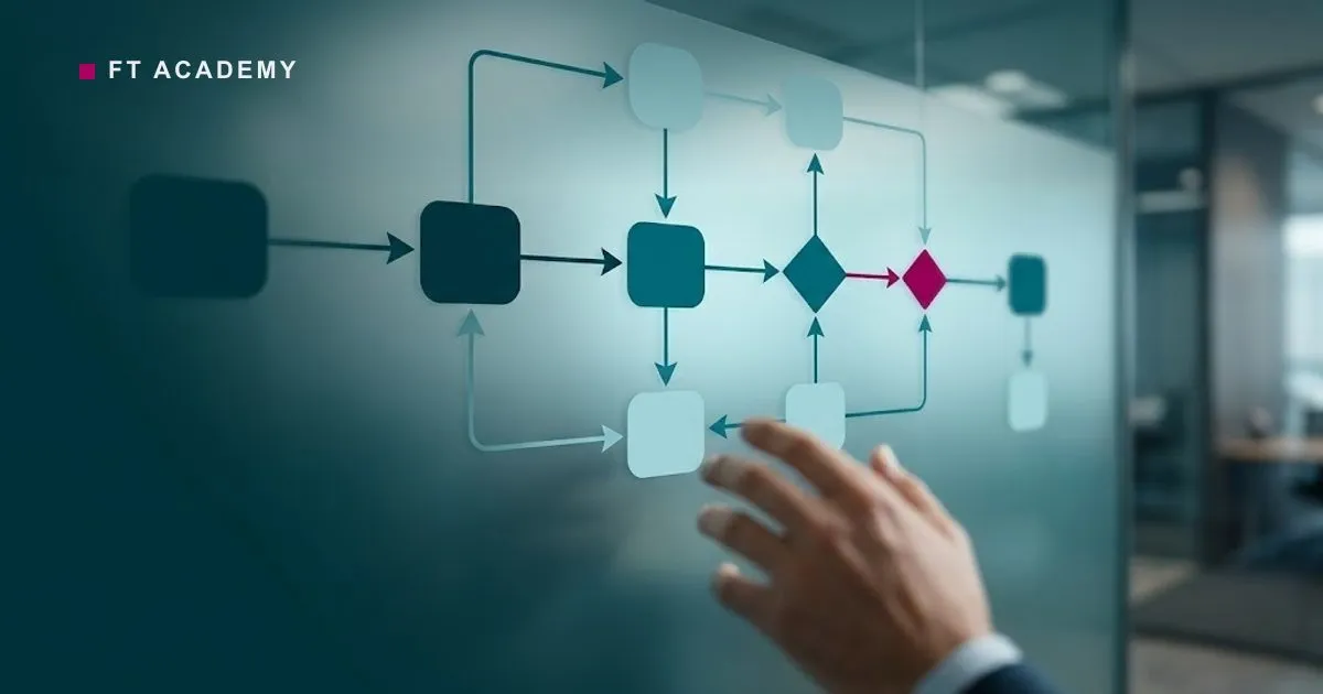 A frosted-glass planning wall holding a clean network of connected nodes and directional arrows.