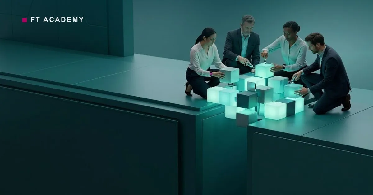 A small team assembling glowing modular blocks into a structure that bridges a visible gap.