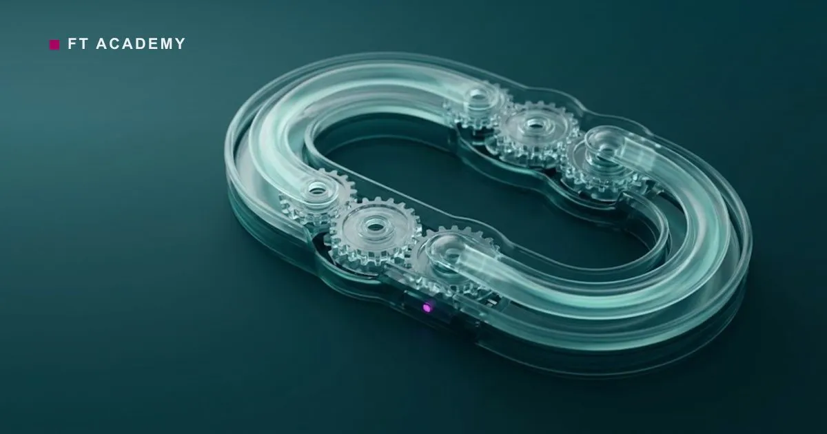 Interlocking translucent gears and conduits forming one continuous, frictionless loop.
