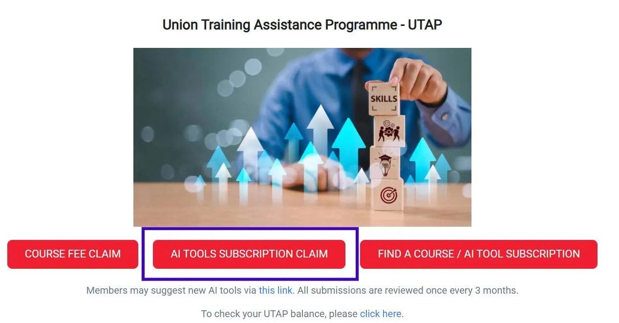 UTAP home screen with the AI Tools Subscription Claim button highlighted between the Course Fee Claim and Find a Course / AI Tool Subscription buttons.