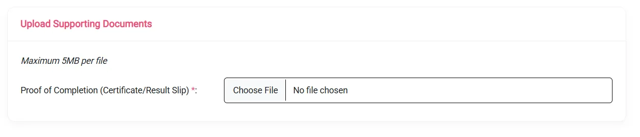 UTAP Upload Supporting Documents section with the Proof of Completion file upload and a maximum of 5MB per file.