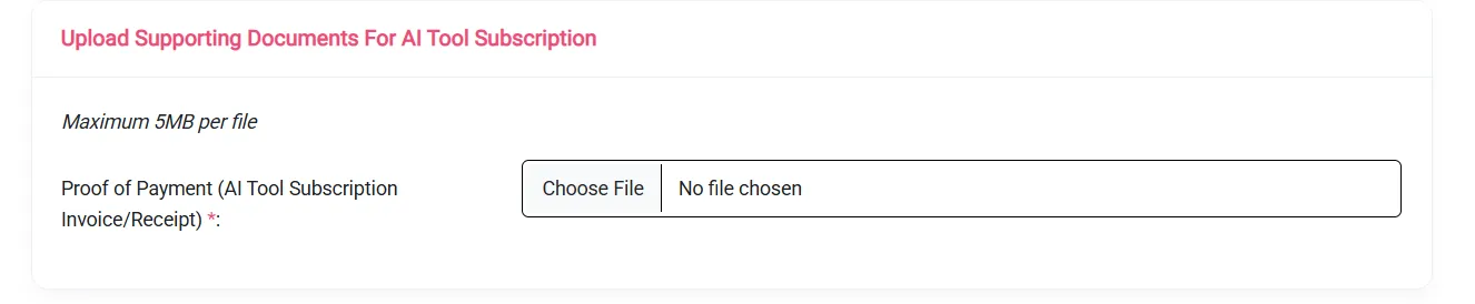 UTAP upload section for Proof of Payment, the AI tool subscription invoice or receipt, with a maximum of 5MB per file.
