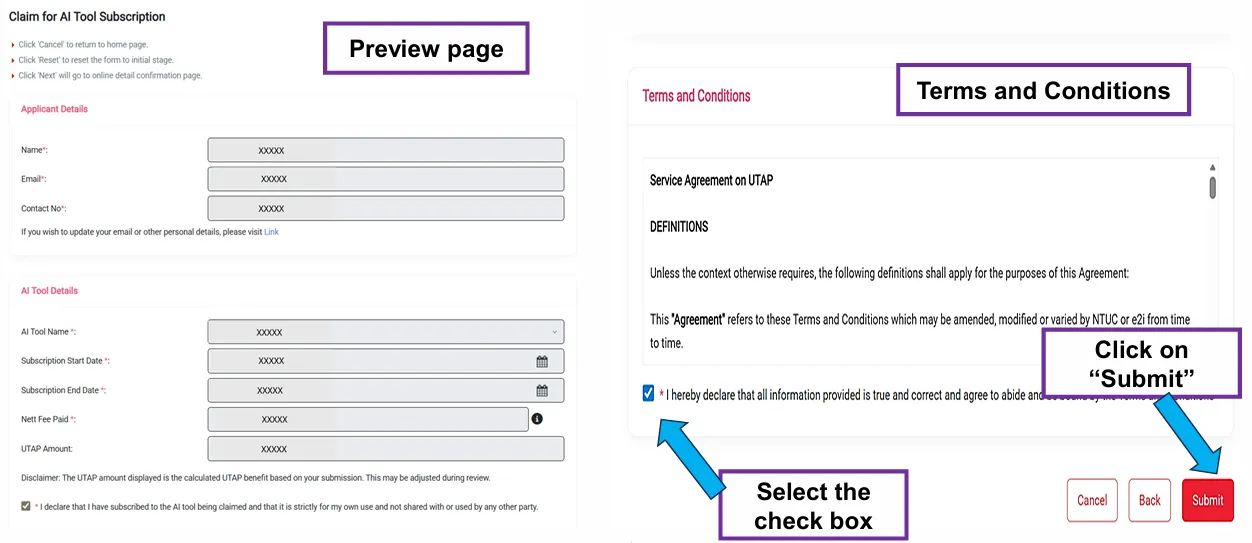 UTAP claim preview page beside the Terms and Conditions panel, with the declaration checkbox and the Submit button annotated.