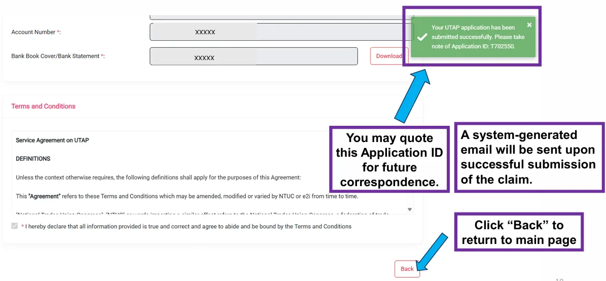 UTAP submission confirmation message at the top right of the page showing the Application ID, with notes that a system-generated email is sent.